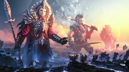 A 4K Ultra HD fantasy wallpaper depicting giant masked warrior gods standing amid a dramatic battlefield at sunset.