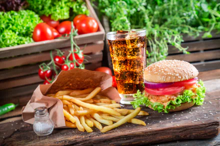 A 4K Ultra HD still life of a classic burger, crispy French fries, and a fizzy drink served on a rustic wooden surface with fresh vegetables in the background.