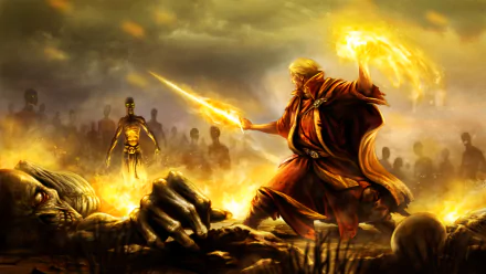 HD desktop wallpaper depicting a fantasy battle scene with a sorcerer wielding sword and magic against zombies and the undead.