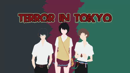 HD PC desktop wallpaper/background: anime trio from Zankyou no Terror stand against a split teal/maroon backdrop with bold Terror in Tokyo title.