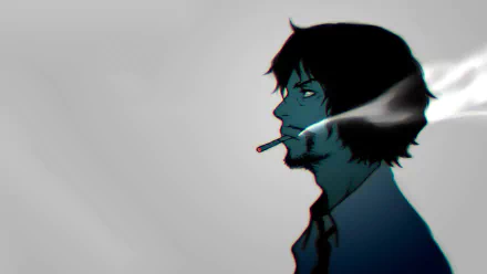 HD anime desktop wallpaper featuring a side profile of a smoking character from Zankyou No Terror with a muted, gray background.