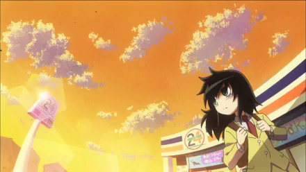 HD anime desktop wallpaper featuring Tomoko Kuroki from Watamote against a vibrant orange sky with clouds and a convenience store in the background.