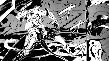 Black and white anime HD desktop wallpaper featuring Tatsumi from Akame ga Kill! in dynamic action pose amidst intense battle scene.