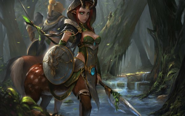Fantasy Centaur Forest Warrior Green Eyes Shield Horns Pointed Ears HD Wallpaper | Background Image
