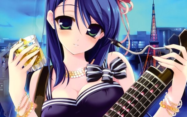 Anime Music Rose Long Hair Blue Hair bow Drink Glass Green Eyes Blush HD Wallpaper | Background Image