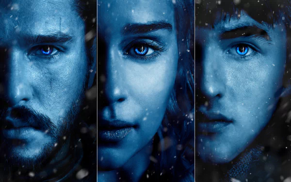 4K Ultra HD Game of Thrones PC wallpaper featuring close-up portraits of Jon Snow, Daenerys Targaryen, and Bran Stark with a cold, snowy atmosphere.