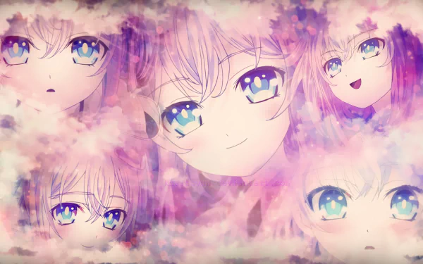 Anime-themed HD desktop wallpaper featuring various close-up expressions of a character from Hand Shakers, set against a dreamy, pastel-colored background.