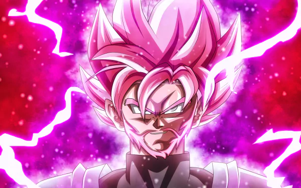 HD desktop wallpaper featuring Black Goku in his Super Saiyan Rosé form from Dragon Ball Super, surrounded by pink and purple energy with a fierce look.