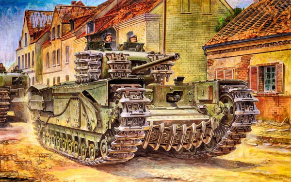 HD PC desktop wallpaper and background: Churchill tank in military green rolling down a sunlit village street, detailed tracks and armored hull in a vivid painterly HD illustration.