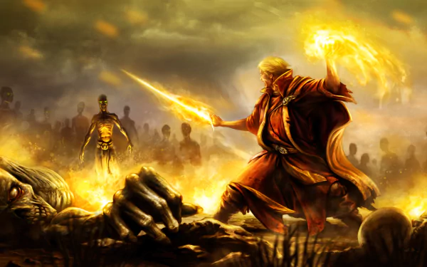 HD desktop wallpaper depicting a fantasy battle scene with a sorcerer wielding sword and magic against zombies and the undead.