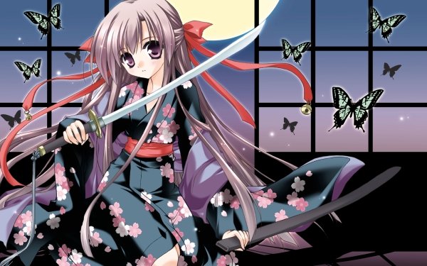 Anime Original Kimono Long Hair Brown Hair bow Butterfly Sword Purple Eyes HD Wallpaper | Background Image