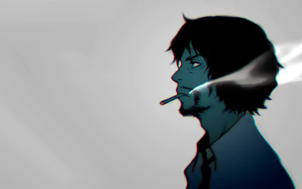 HD anime desktop wallpaper featuring a side profile of a smoking character from Zankyou No Terror with a muted, gray background.