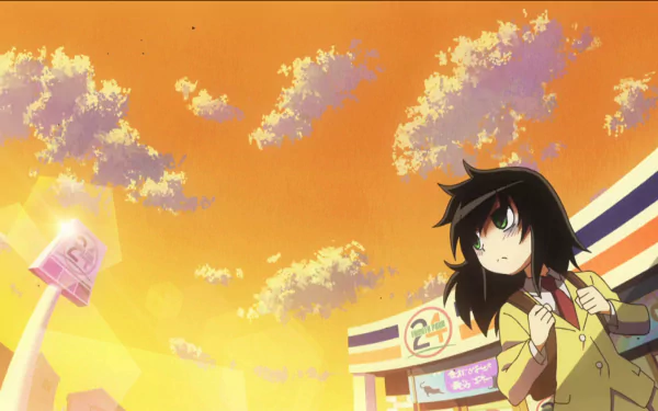 HD anime desktop wallpaper featuring Tomoko Kuroki from Watamote against a vibrant orange sky with clouds and a convenience store in the background.