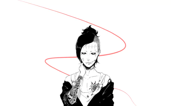 HD anime wallpaper featuring Uta from Tokyo Ghoul with a black and white design and a thin red line weaving around the character on a white background.