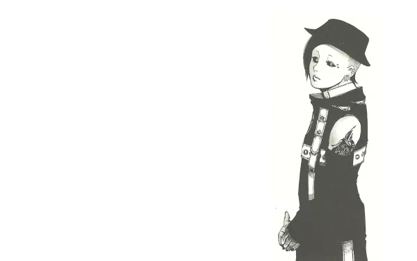 HD PC desktop wallpaper featuring Uta from the anime Tokyo Ghoul, depicted in black and white with a minimalist design and detailed costume elements.
