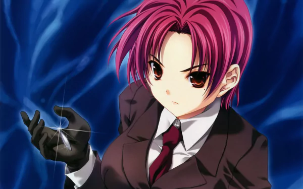 HD desktop wallpaper featuring Bazett Fraga McRemitz from the anime Fate/Hollow Atarax, with intense red hair and a dark suit against a swirling blue background.