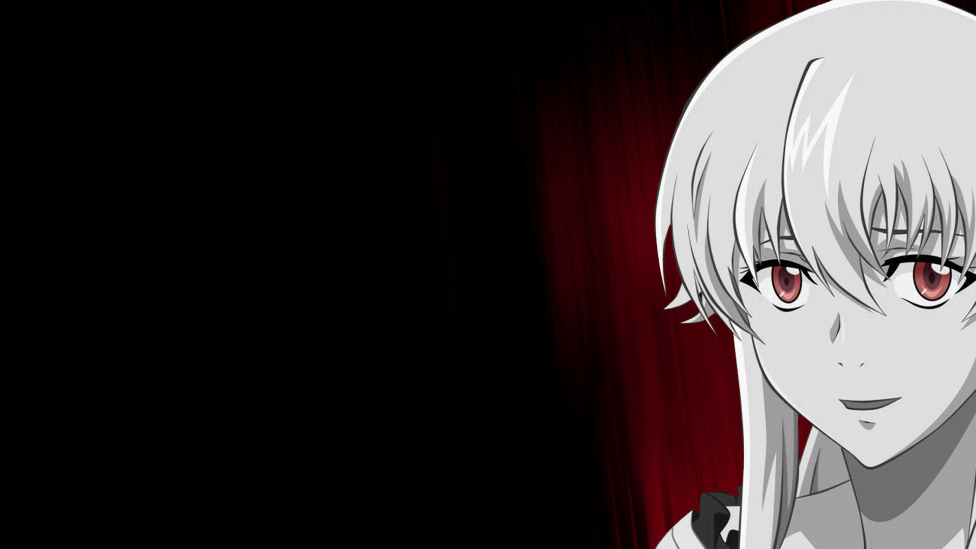 A striking HD wallpaper featuring Yuno Gasai from the anime Mirai Nikki, showcasing her iconic look against a bold black and red background.