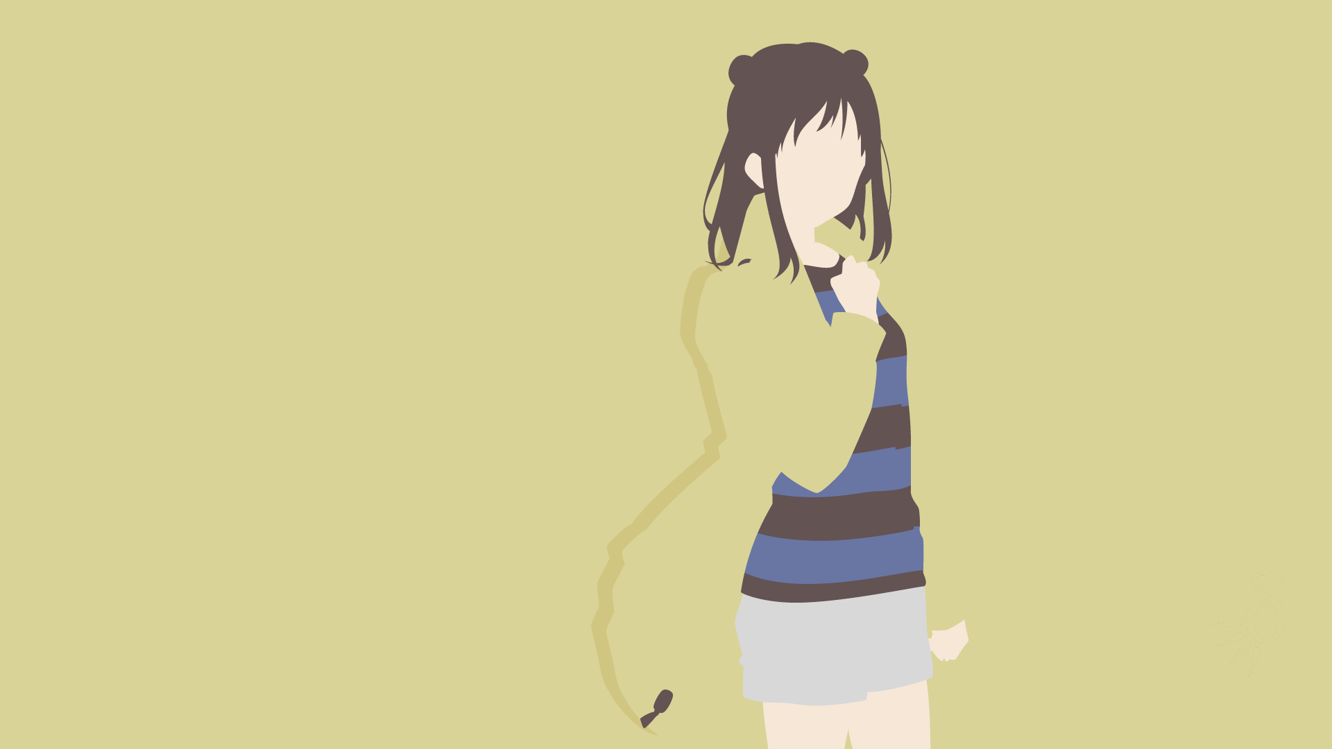 HD PC desktop wallpaper: minimalist anime girl from Beyond the Boundary in a green cardigan and striped top against a pale olive background.