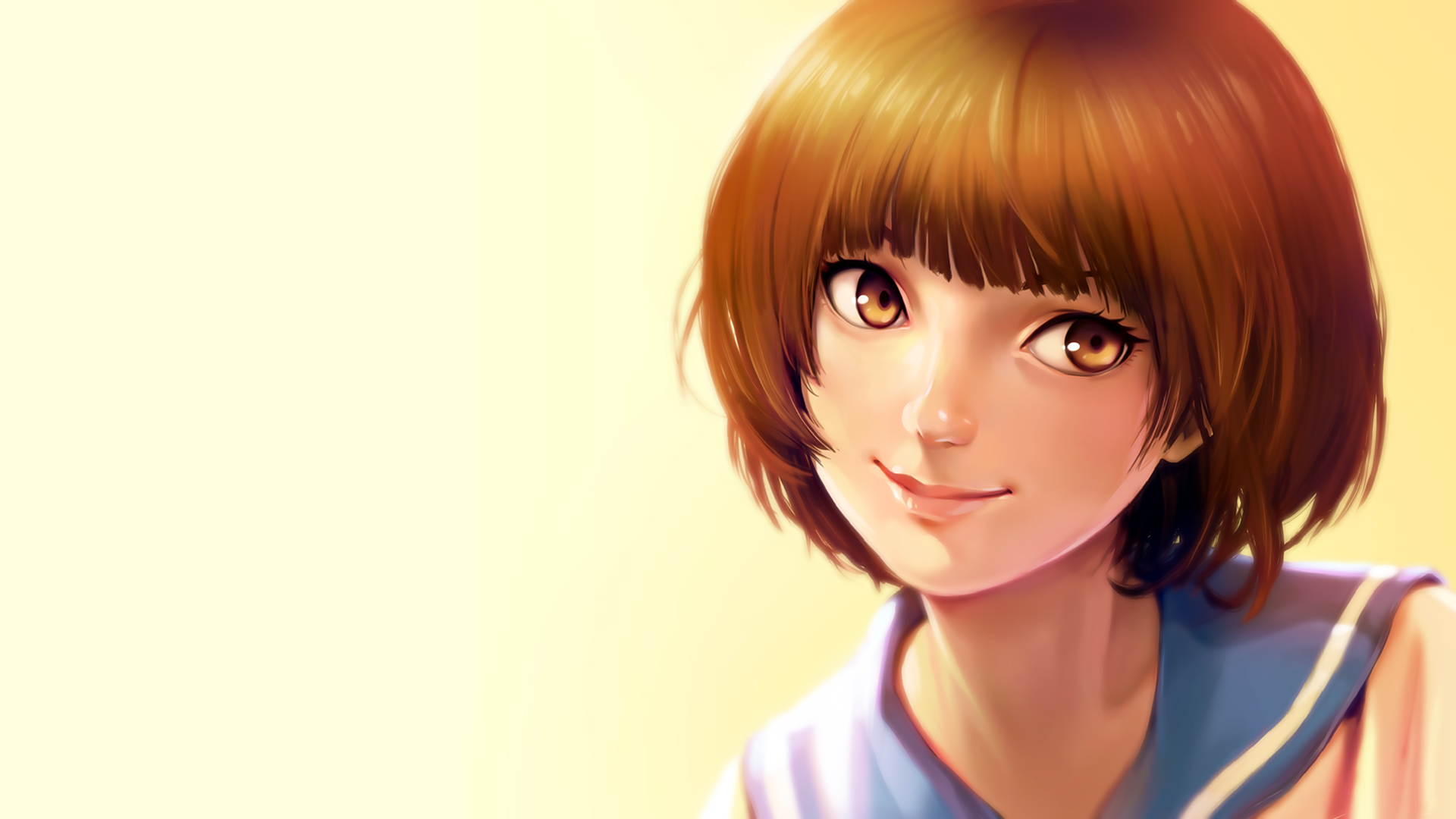 HD PC desktop wallpaper/background of Mako Mankanshoku from the anime Kill La Kill — warm portrait with gradient backdrop and a cheerful, inviting smile.