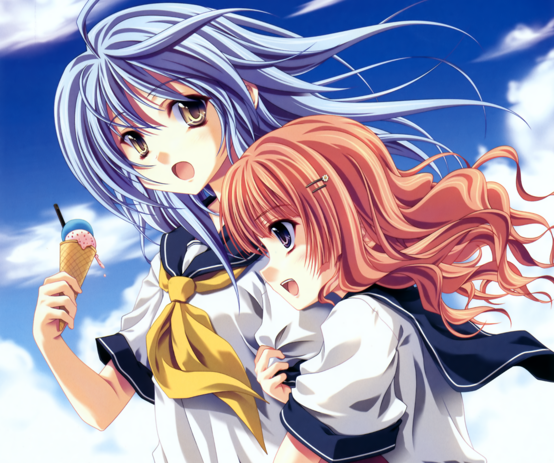 Anime original 2K Quad HD PC desktop wallpaper of two long-haired girls — blue-haired with purple eyes and a smile holding ice cream, and brown-haired with brown eyes and blush, windswept.