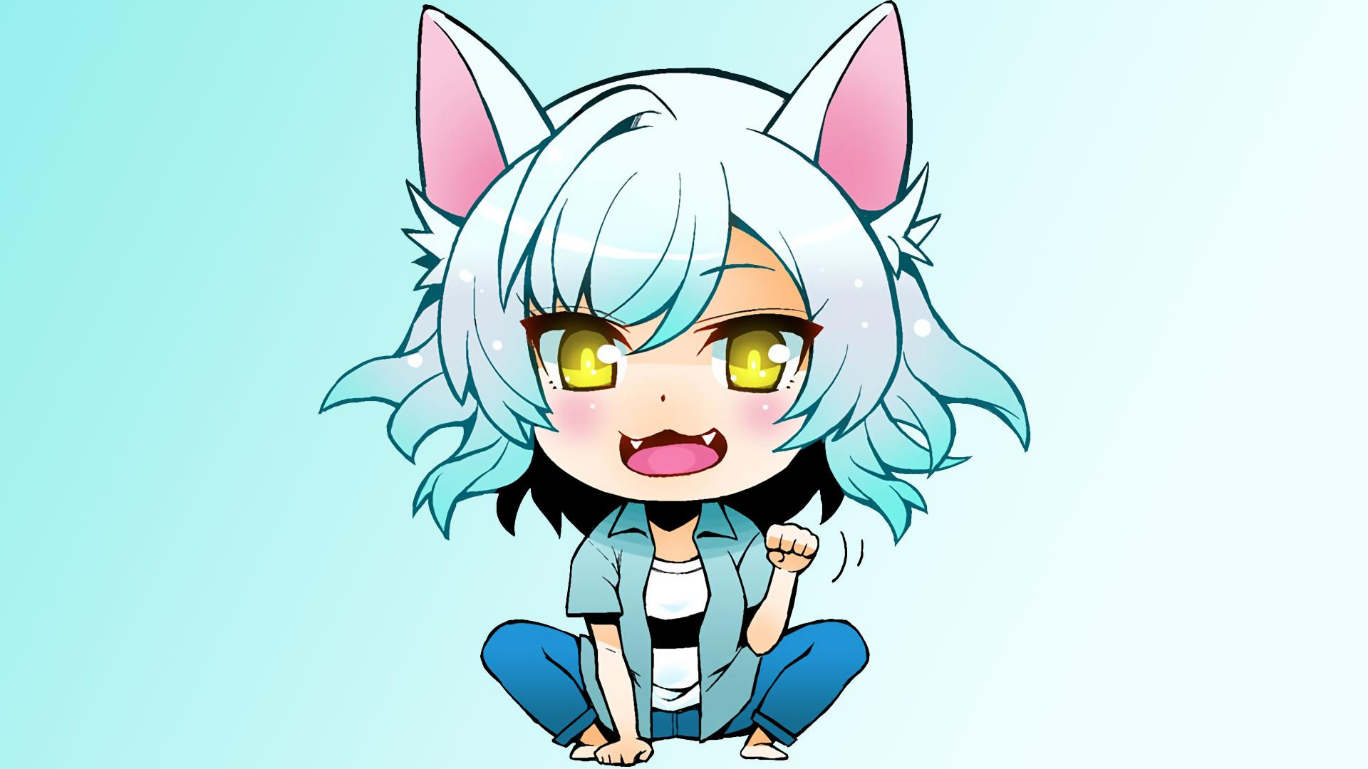 Chibi-style Tsubasa Hanekawa from the Monogatari series with white hair, cat ears, and golden eyes, set against a light blue background in 4K Ultra HD.