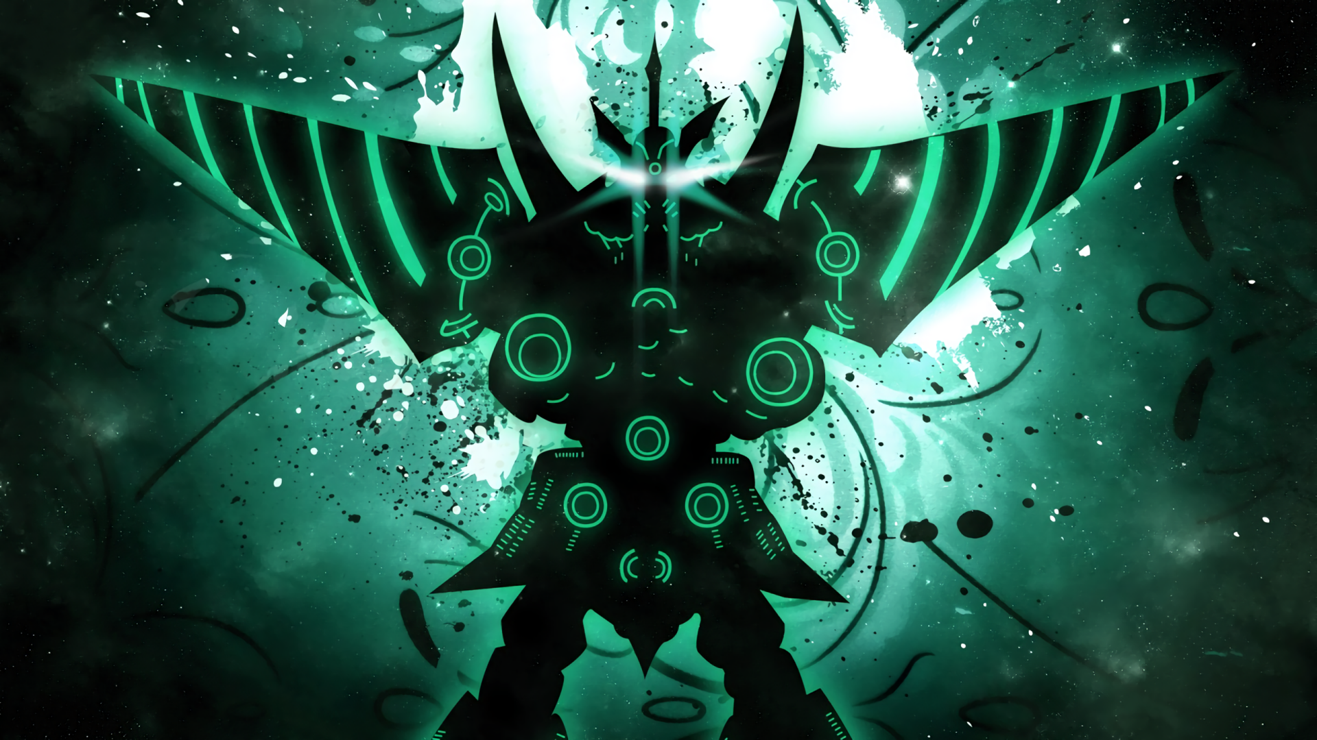 HD PC desktop wallpaper featuring a stylized, glowing silhouette of an anime mecha from Tengen Toppa Gurren Lagann with vibrant green and black tones.