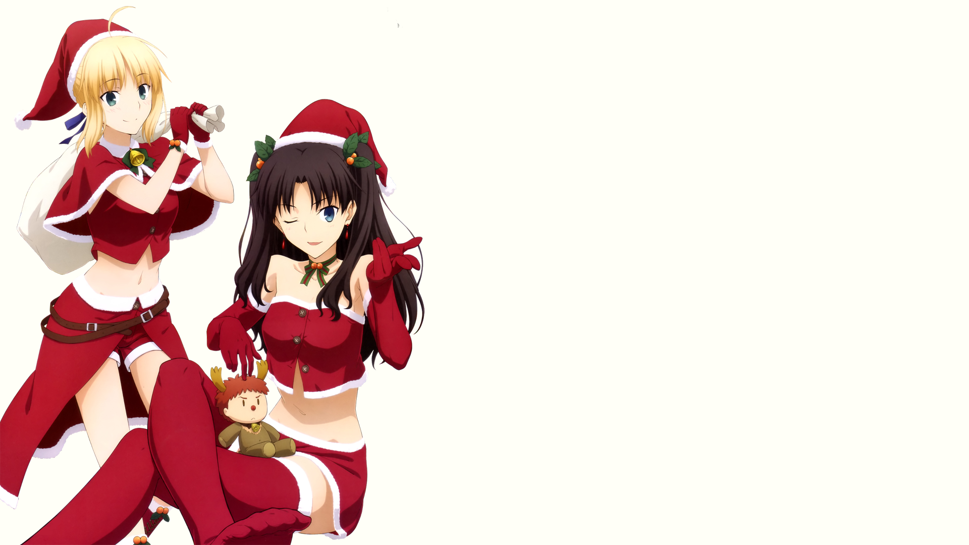 HD anime desktop wallpaper featuring Saber and Rin from the Fate/Stay Night series dressed in festive Christmas outfits.