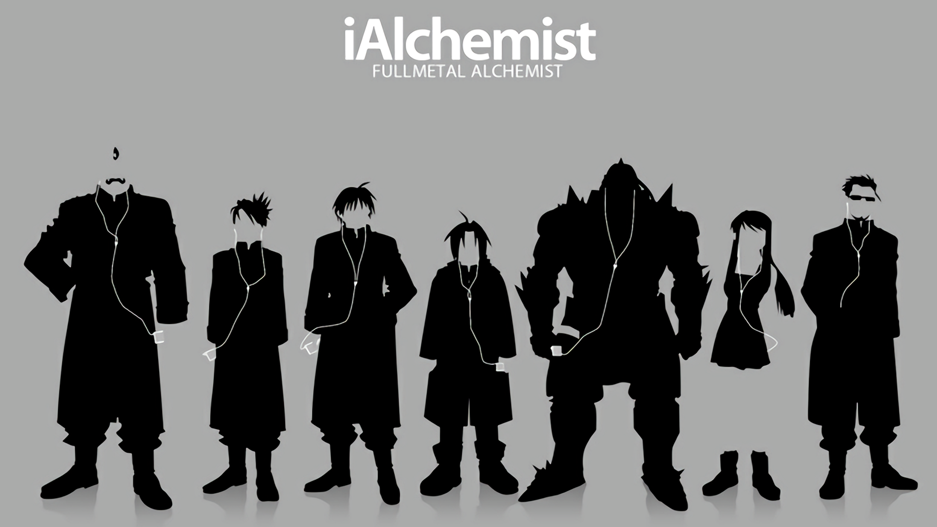 HD Fullmetal Alchemist anime wallpaper featuring silhouettes of Maes Hughes, Roy Mustang, Winry Rockbell, Alphonse Elric, Edward Elric, Riza Hawkeye, and Alex Louis Armstrong.