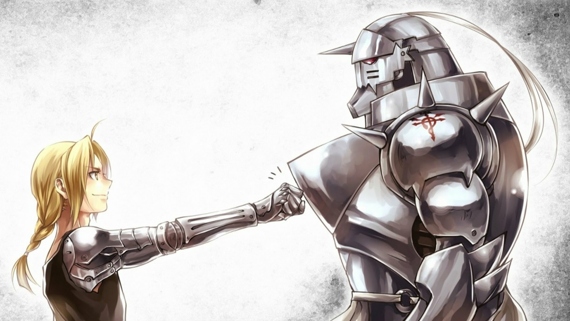 An HD wallpaper featuring Alphonse and Edward Elric from the anime *Fullmetal Alchemist*, showcasing their strong bond with a fist bump against a textured background.