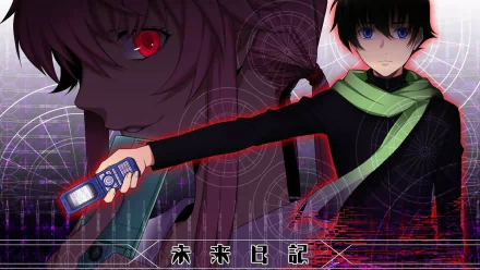 HD desktop wallpaper featuring Yukiteru Amano and Yuno Gasai from the anime Mirai Nikki, with vibrant colors and dynamic design elements.
