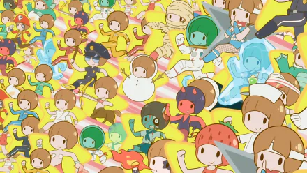 HD PC desktop wallpaper featuring colorful chibi-style characters of Mako Mankanshoku from the anime Kill La Kill in a vibrant, playful background.