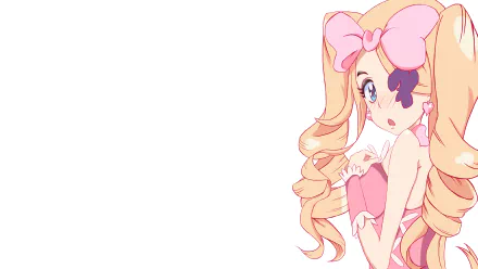 Nui Harime from Kill La Kill with long blonde hair and a pink bow, set against a white background in HD anime style for a PC desktop wallpaper.