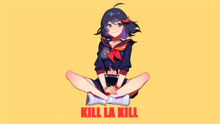 HD PC desktop wallpaper featuring Ryūko Matoi from the anime Kill La Kill, sitting cross-legged with a confident expression against a solid yellow background.