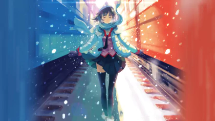 HD PC desktop wallpaper featuring an anime character from the Monogatari series walking along snowy train tracks with vibrant blue and orange lighting effects.