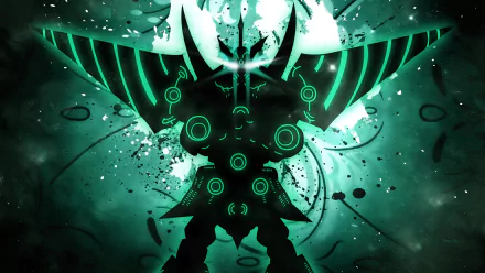 HD PC desktop wallpaper featuring a stylized, glowing silhouette of an anime mecha from Tengen Toppa Gurren Lagann with vibrant green and black tones.