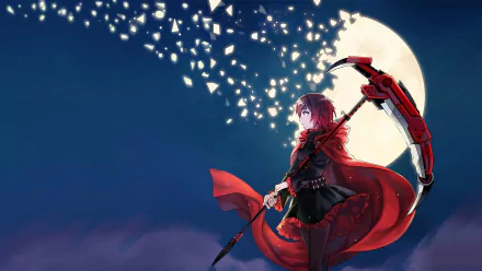 Anime-style 4K Ultra HD wallpaper of Ruby Rose from RWBY, standing with her red cloak and scythe against a glowing full moon night sky.
