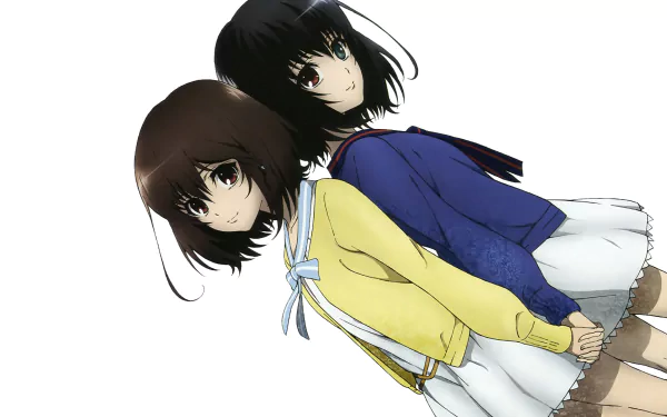 Anime HD desktop wallpaper featuring twins Misaki Fujioka and Mei Misaki from the series Another, depicted in contrasting yellow and blue outfits with detailed shading.