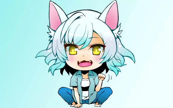 Chibi-style Tsubasa Hanekawa from the Monogatari series with white hair, cat ears, and golden eyes, set against a light blue background in 4K Ultra HD.