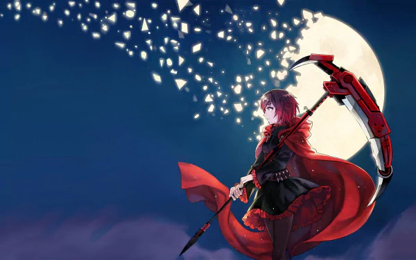 Anime-style 4K Ultra HD wallpaper of Ruby Rose from RWBY, standing with her red cloak and scythe against a glowing full moon night sky.