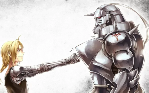 An HD wallpaper featuring Alphonse and Edward Elric from the anime *Fullmetal Alchemist*, showcasing their strong bond with a fist bump against a textured background.