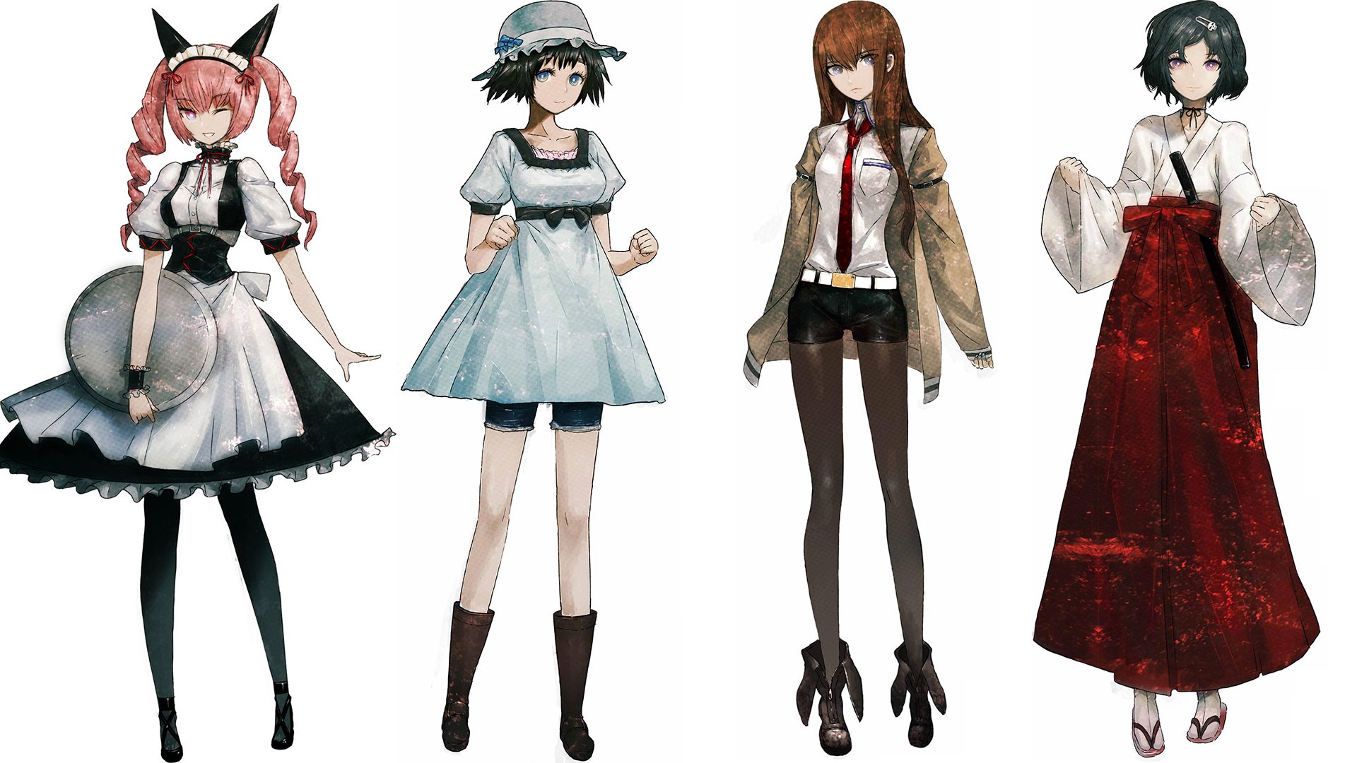 HD PC desktop wallpaper featuring four female characters from the anime Steins;Gate, each showcasing distinct outfits and styles against a plain background.