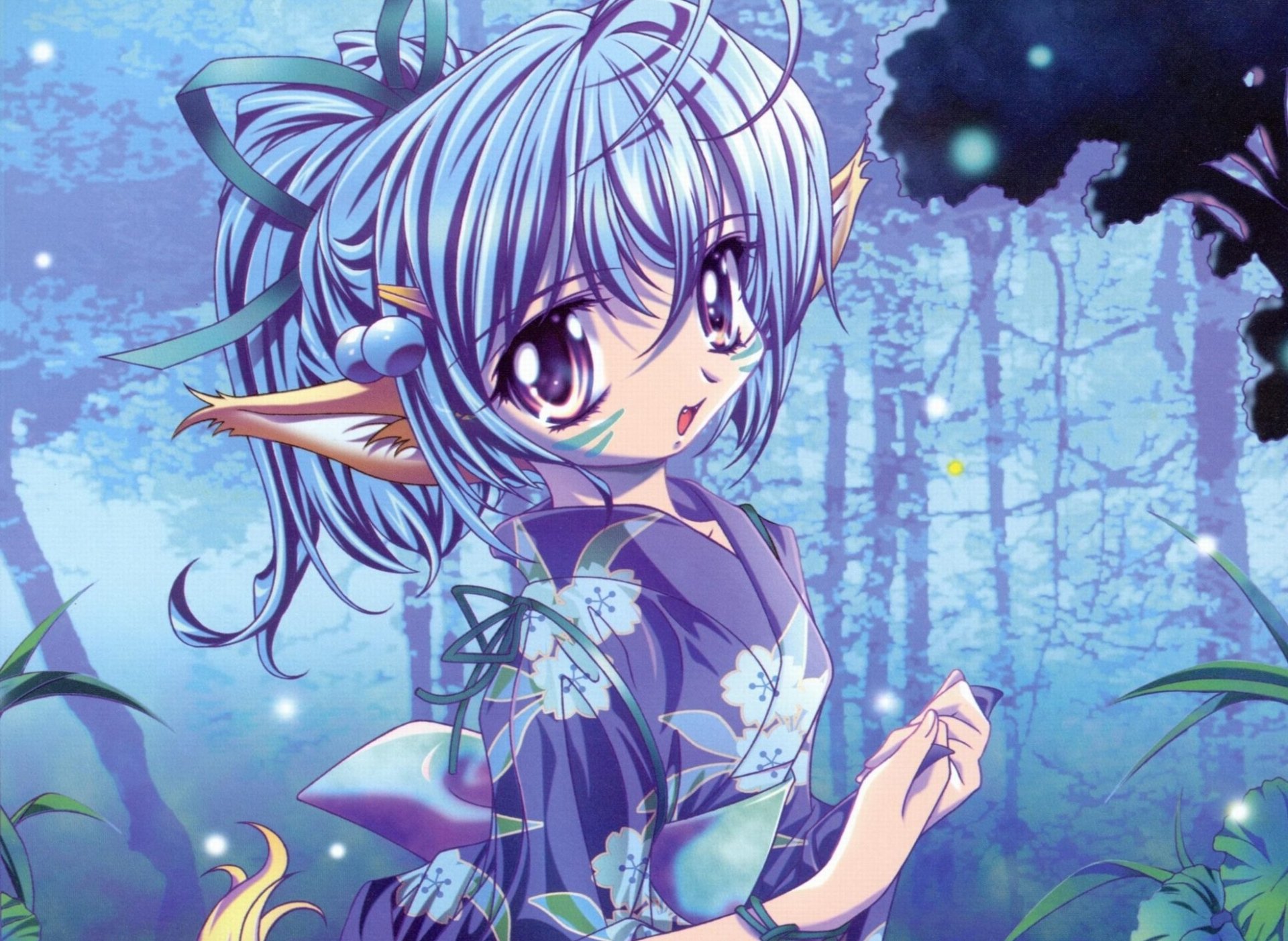 Download Kimono Purple Eyes Blue Hair Short Hair Smile Pointed Ears Anime Original HD Wallpaper by Gensho Sugiyama