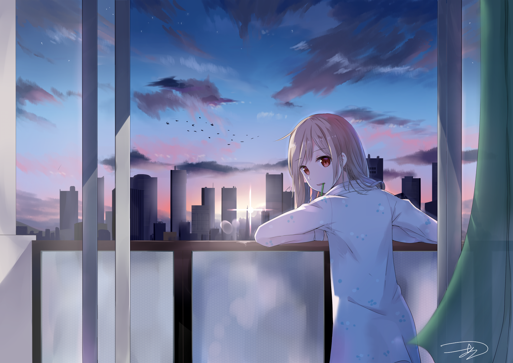 Original anime HD desktop wallpaper: short-haired, red-eyed character leans on a balcony watching an anime sunset over a city skyline.