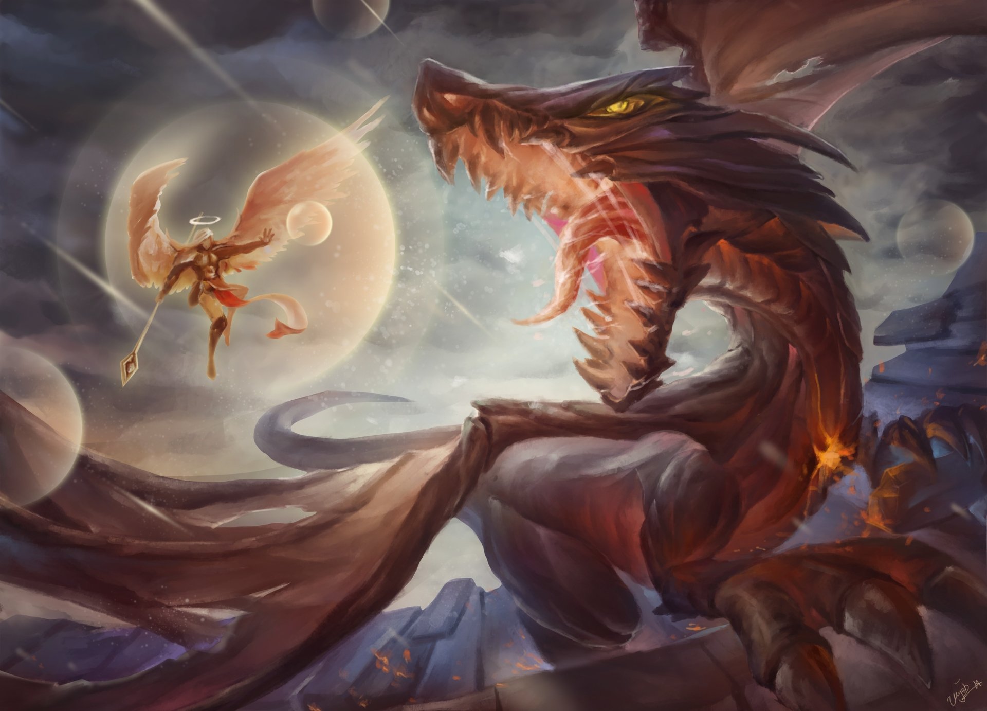 2K Quad HD PC desktop wallpaper: epic fantasy battle between a winged angel and a snarling dragon amid stormy clouds, dramatic lighting and vast scale.