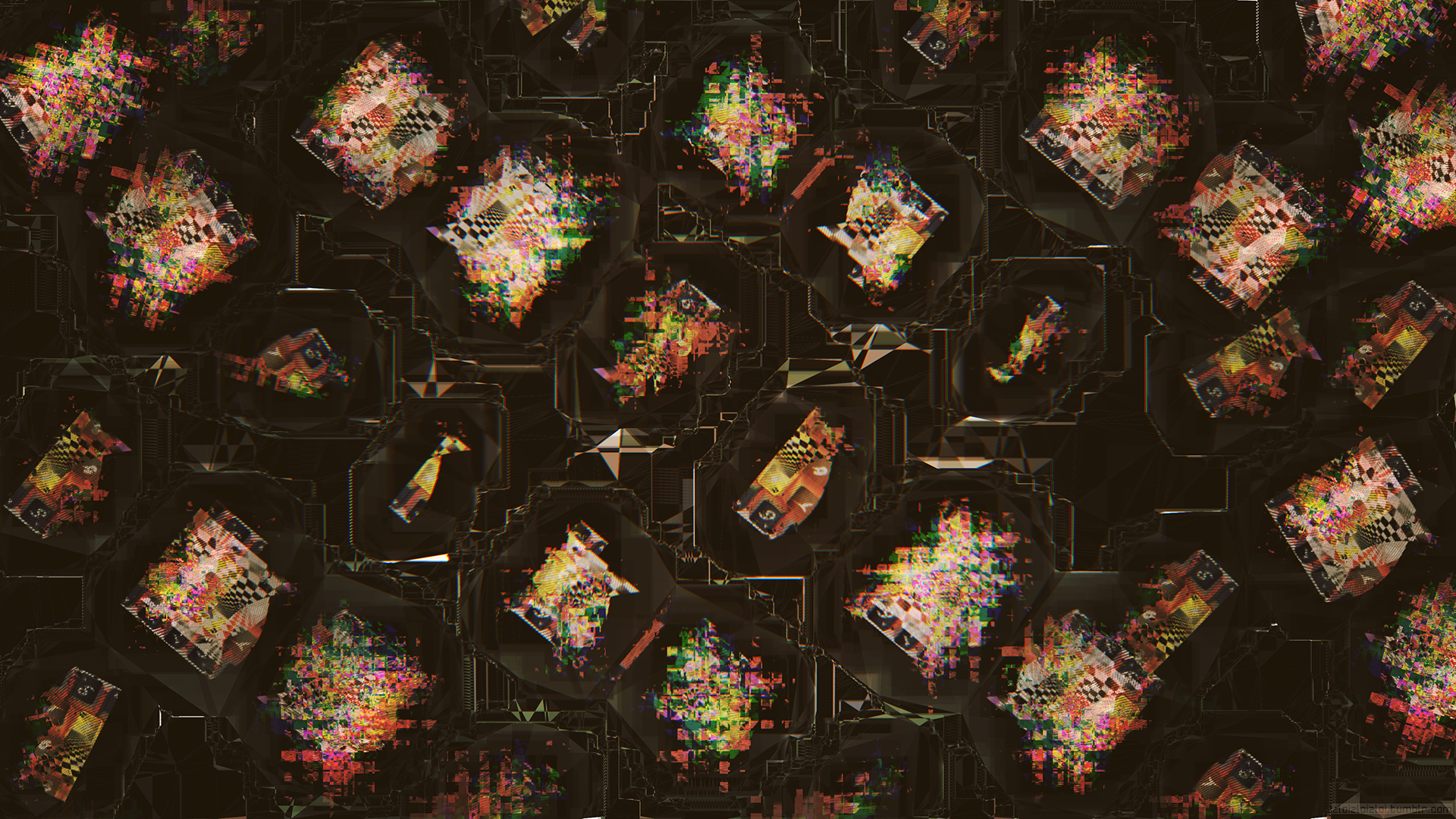 Artistic glitch HD PC desktop wallpaper: dark circuit-like background with multicolored pixelated diamonds and scattered neon noise.