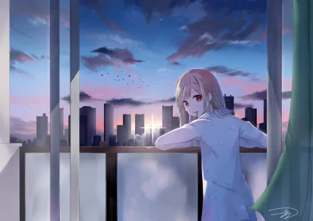 Original anime HD desktop wallpaper: short-haired, red-eyed character leans on a balcony watching an anime sunset over a city skyline.