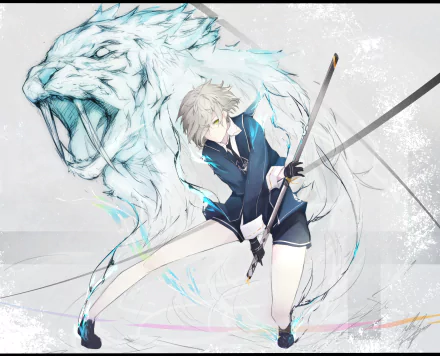 Touken Ranbu anime HD PC desktop wallpaper/background: a blond swordsman grips a katana as a roaring spectral white beast coils protectively behind him.