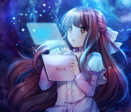 HD wallpaper featuring Rin from Shelter anime. The image shows Rin holding a tablet, with her name written on it, against a background of floating holographic displays and a starry night.