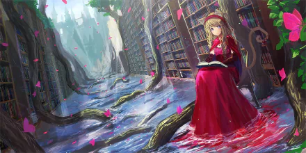 Anime-style HD desktop wallpaper featuring a blonde girl in a red dress reading a book by a water-filled, flower-strewn path lined with towering bookshelves and trees.