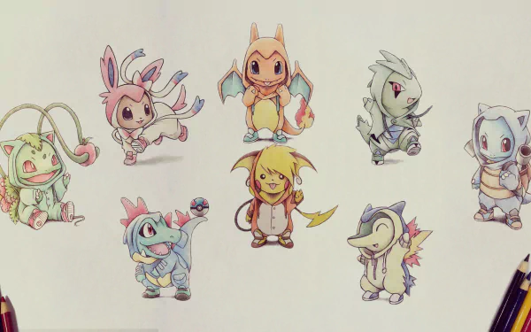 HD PC wallpaper featuring chibi anime-style Pokémon including Larvitar, Cyndaquil, Totodile, Bulbasaur, Pikachu, Eevee, Squirtle, and Charmander.